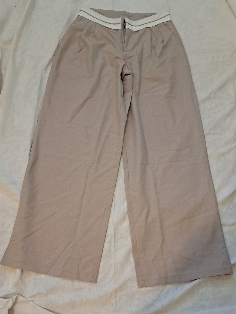 SHEIN Taupe Wide-Leg Trousers with White Trim Waist